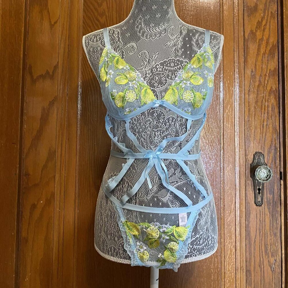 NWT Victoria's Secret Lemons and Lace Blue Strappy Teddy